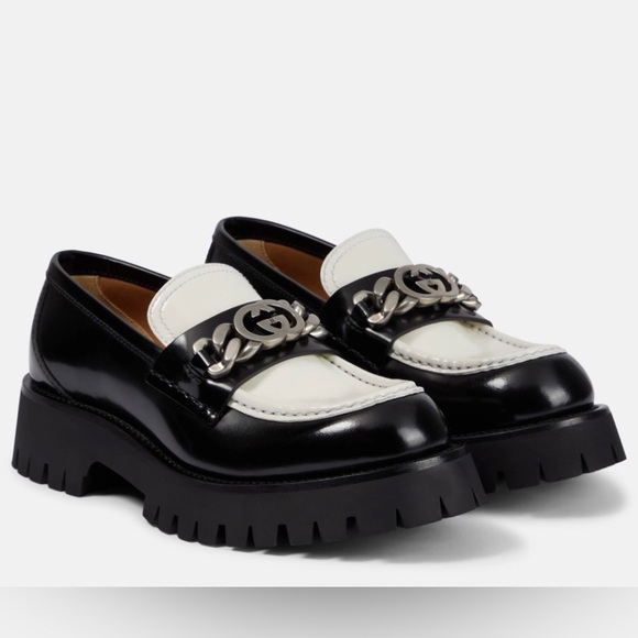 Gucci Ladies Platform Slip On Lug Loafer 'Interlocking G chain- Black & White - Picture 1 of 10